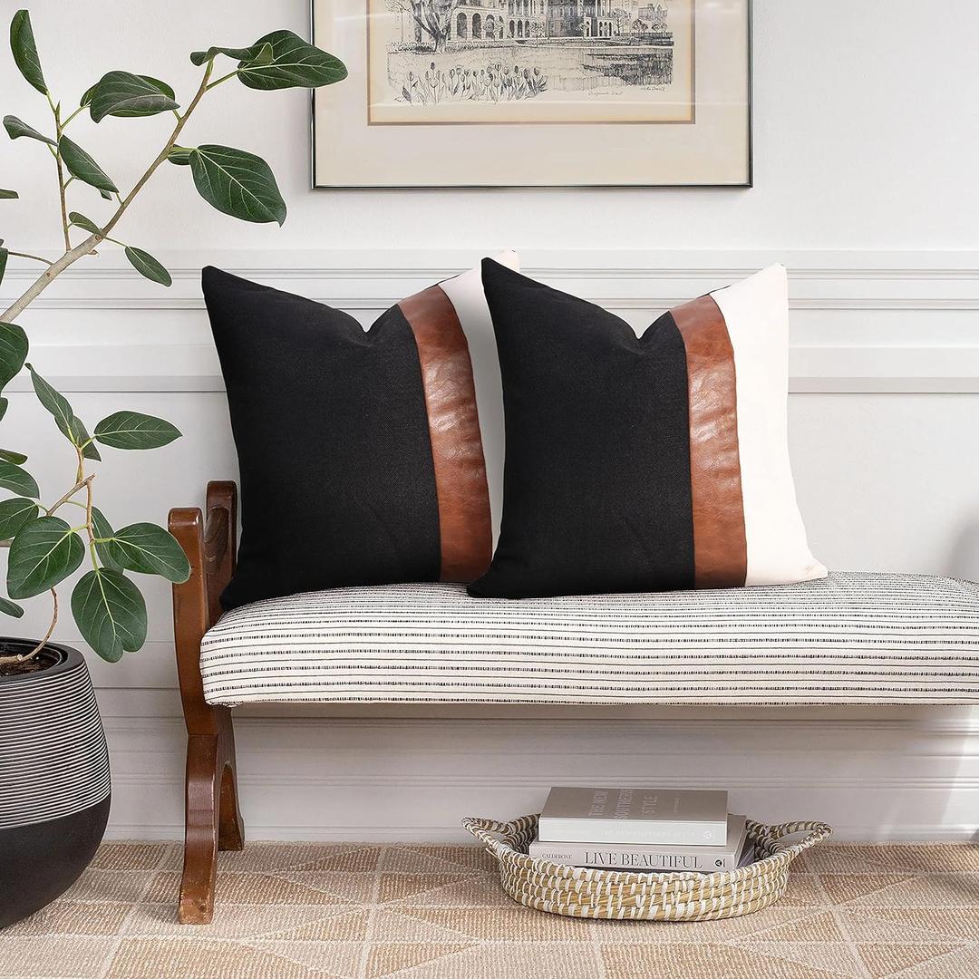 cygnus Set of 2 Faux Leather and Linen Throw Pillow Covers 16x16 Inch Black and White Modern Decorative Accent Cushion Covers for Couch Sofa