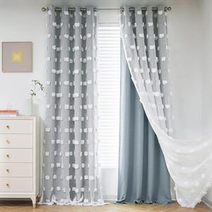 MYSKY HOME 72 Inches Long Curtains for Bedroom Dusty Blue Blackout Curtains Pom Pom White Sheer Curtains for Boys Room Double Layer Toddler Bedroom Grommet Room Darkening Window Panels 52 x 72 Inch