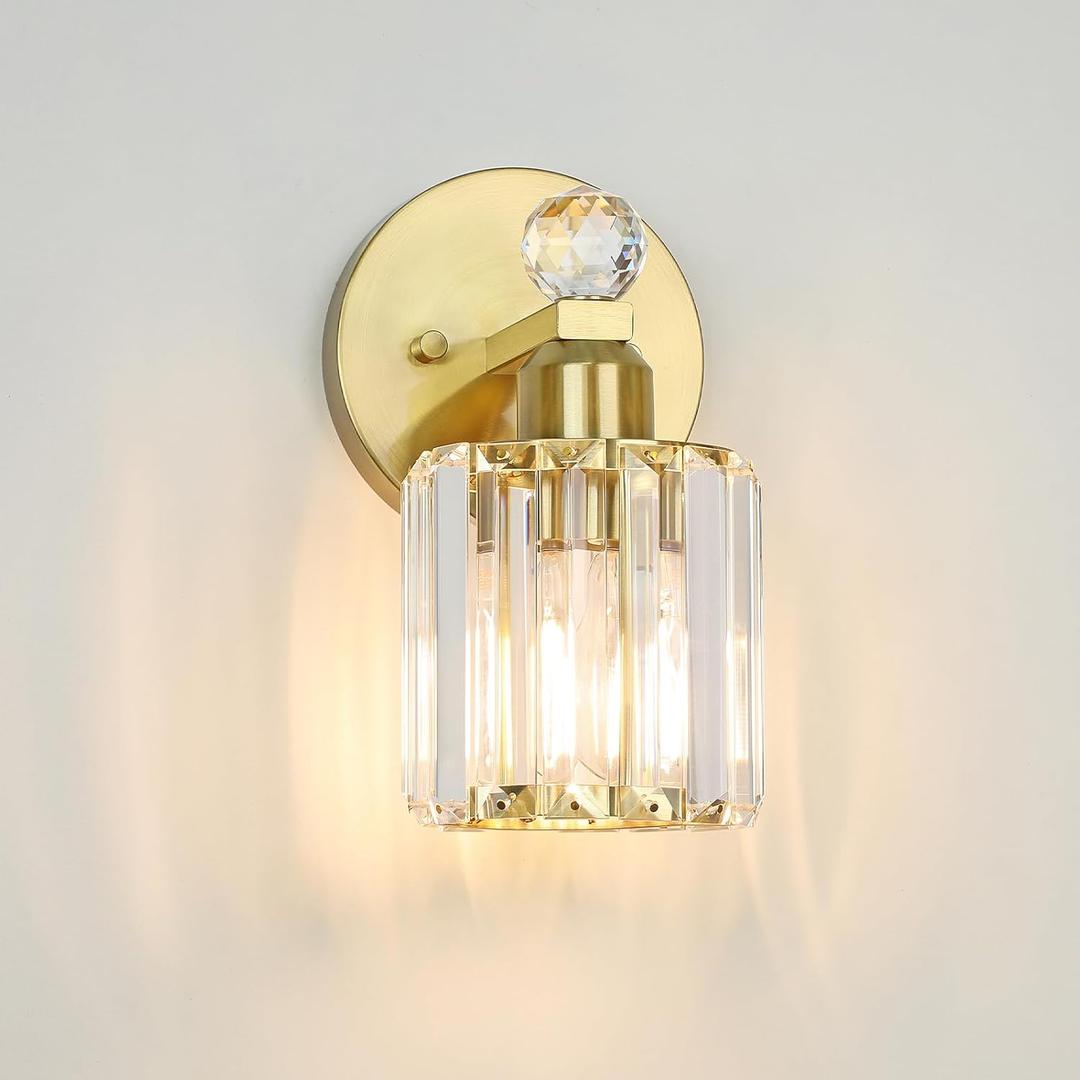 1-Light Gold Bathroom Light Fixtures,Modern Bathroom Vanity Lights Fixture with Clear Crystal Glass Shade,Gold Bath Wall Mount Lights, Light Fixtures for Bedroom Living Room