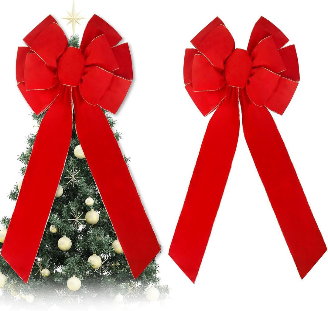 Large Christmas Bows,Giant Red Bow, Velvet Red Outdoor Christmas Decoration Large Waterproof Red Bow for Door, Wreath, and Christmas Tree Elegant Big Outdoor Christmas Bows (Red 1, 2 PCS)