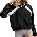 Women Fleece Jacket Zip Up Long Sleeve Patchwork Fall Winter Sherpa Coats Fashion Color Block Activewear with Pocket, S