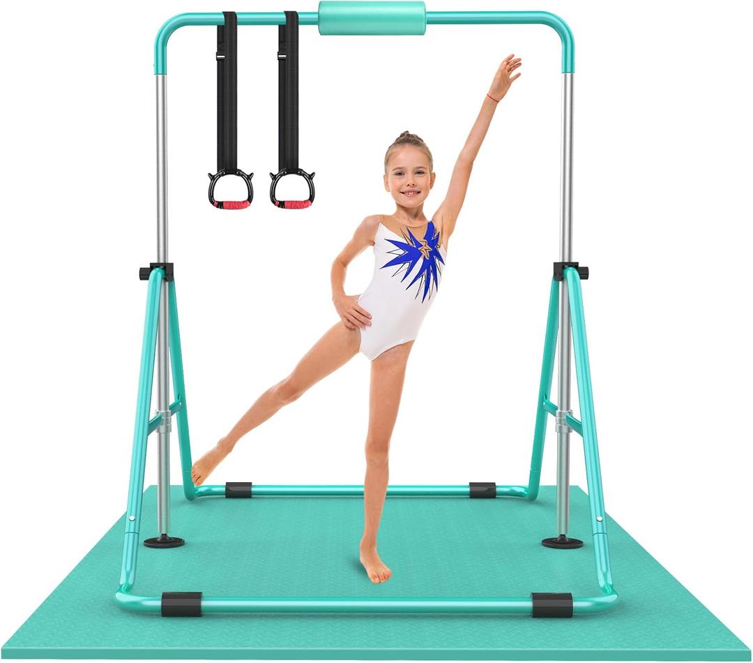 RINREA Gymnastic Bars for Kids with Adjustable Height, Folding Gymnastic Training Kip Bar, Expandable Horizontal Bar for Home (Green with Mat)
