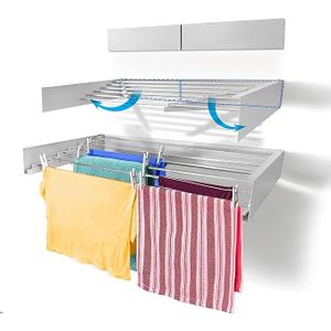 Step Up Laundry Drying Rack, Wall Mounted, Retractable Clothes Drying Rack, 60lbs Capacity, 20 Linear Ft, with Wall Template and Long Screwdriver Bit (40" White)