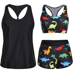 Yonique 3 Piece Athletic Tankini Swimsuits for Women with Shorts Swim Tank Tops with Sports Bra and Boyshorts Bathing Suits (Large, Black Colorful Dinosaur)