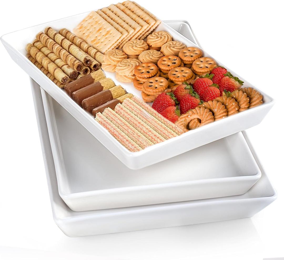 Delling Large Serving Platter, 16/14/12 Inch Rectangular Serving Trays for Serving Food, Serving Tray for Party - Set of 3, White, 16 x 9.5 inch, 14 x 8.1 inch, 12 x 7.1 inch