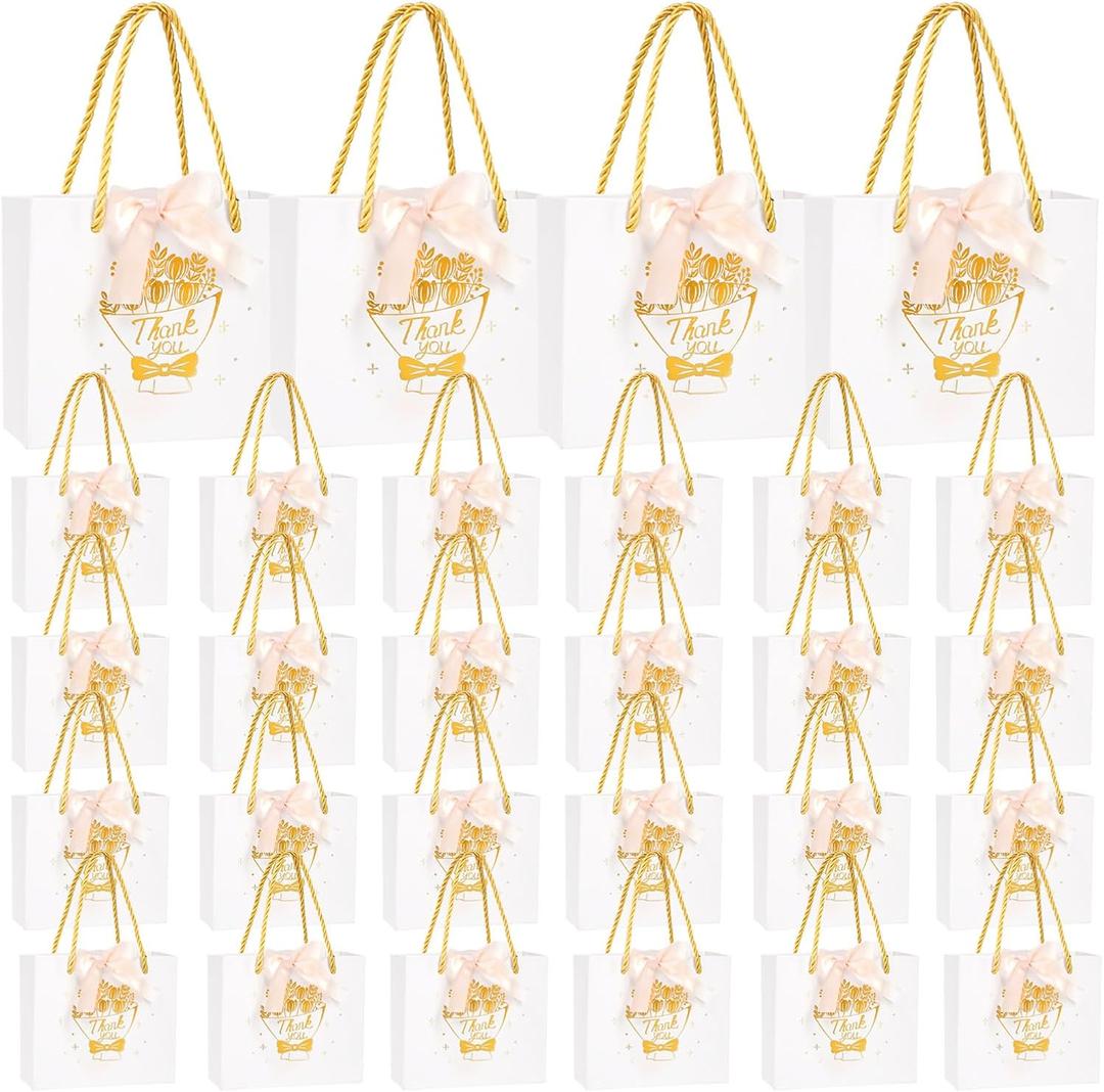 Fasmov White Gift Bags, 60 Pack Small Thank You Gift Bag with Handles, 5.5" x 2.5" x 4.7" Small Gift Bags with Bow Ribbon for Baby Shower, Wedding, Party Favor, Birthday
