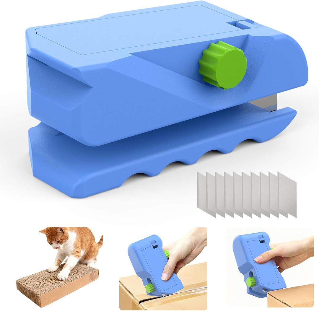 Cardboard Cutter for Cat Scratchers with 10pcs Blade, 4-in-1 Box Cutter 3D Printed Cardboard Strip Cutter DIY cat scratchers Cutter Tool for Cat Lovers (Blue)