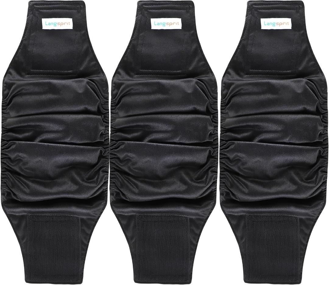 Langsprit Male Belly Bands for Dogs (Pack of 3) - High Absorbing Dog Wraps Male Washable - Reusable Dog Diapers (Black, Large)