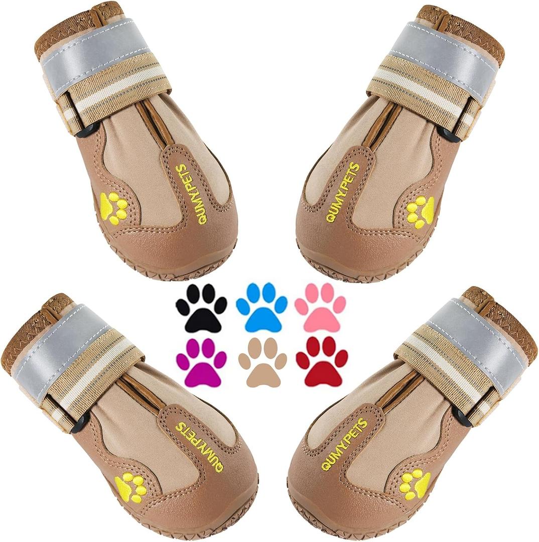 QUMY Dog Shoes for Large Dogs, Medium Dog Boots & Paw Protectors for Winter Snowy Day, Summer Hot Pavement, Water-Resistant in Rainy Weather, Outdoor Walking, Indoor Hardfloors Skid-Resistant Sole (Khaki, Size 6: 2.6''x3.0''(W*L) (Pack of 4))