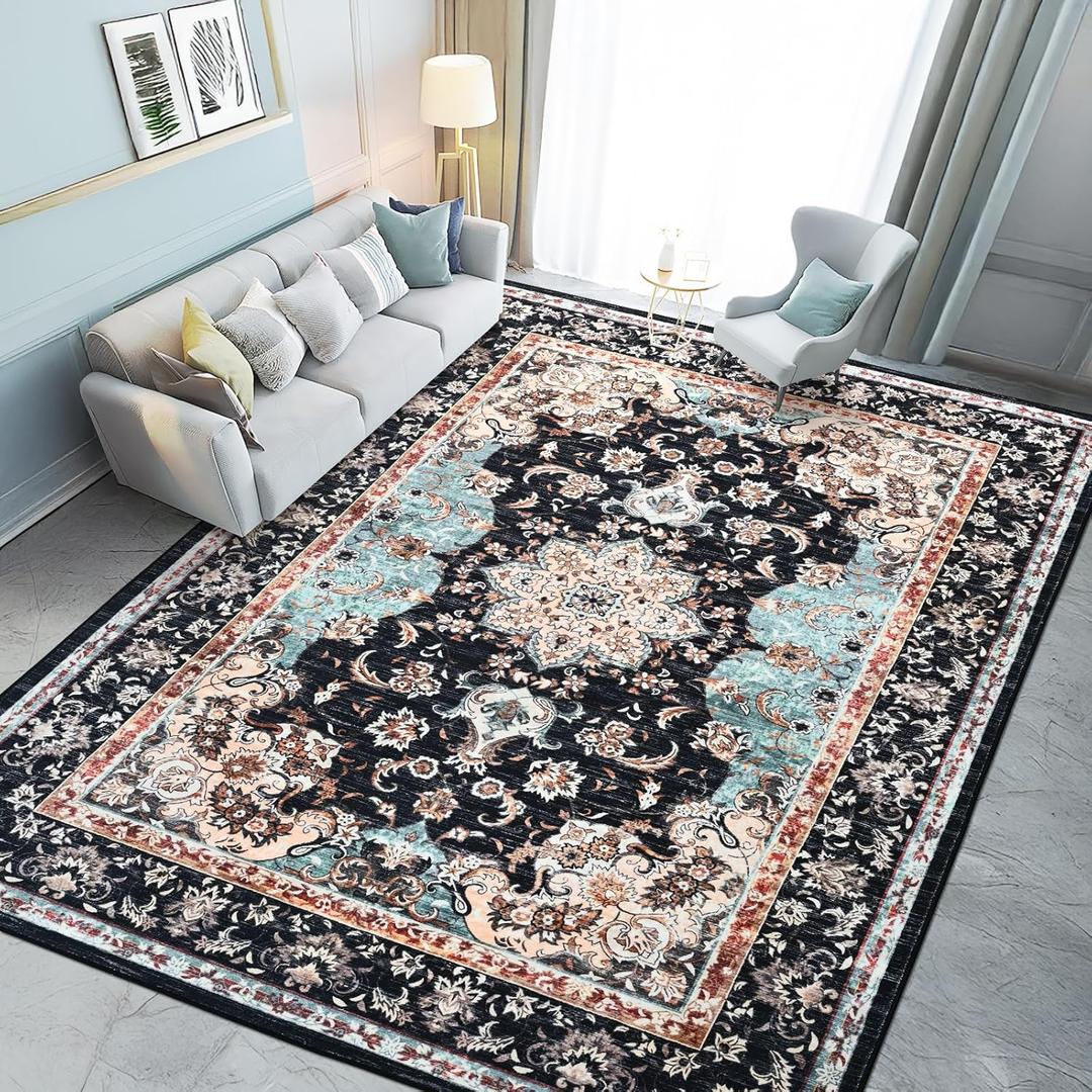  8' x 10' (Rectangular) Living Room Rug for High Traffic Areas - Machine Washable Pet Friendly Carpet, Non Slip Indoor Rug (Black Blue)