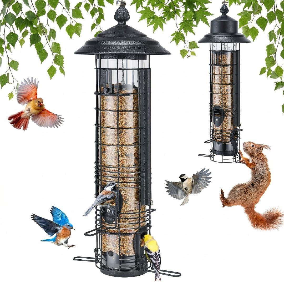 Kingsyard Squirrel Proof Bird Feeders for Outdoors with Weight-Activated Perches, 3 Lbs Capacity Large Metal Bird Feeder for Small Wildbirds Finch Cardinal Bluebird, Weatherproof, Black