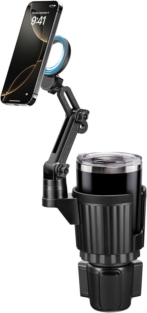 This Hill Magnetic Cup Holder Phone Mount, Compatible with MagSafe, 4.1" Base Adjustable Height Car Cup Holder Compatible with iPhone 16 Pro Max / 15/14 / 13/12 Series, Secure Fit for Car or SUV