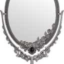 JUXYES Metal Tabletop Antique Decorative Makeup Mirror with Stand, Vintage Swivel Double Sided Cosmetic Mirror with Frame, Retro Desktop Oval Dressing Mirror for Bathroom Bedroom