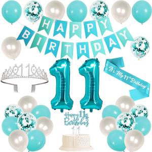 Trgowaul 11th Birthday Decorations for Girls, Banner, 11 Years Old Sash and Crown, Cake Topper, 11 Number Balloon, Teal Blue 11th Birthday Party Supplies