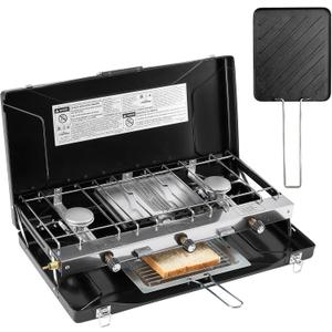 Camping Stove, 3 Burners Propane Portable Camp Stove with Regulator & Griddle, Push-Button Instant Ignition, Portable Camp Grill, Adjustable Burners for Camping Cooking (BLACK-20400 BTUs)