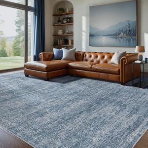 Area Rug Living Room Rugs - 8x10 Washable Large Soft Indoor Neutral Modern Abstract Low Pile Rug Carpet for Bedroom Dining Room Farmhouse Home Office - Dark Blue