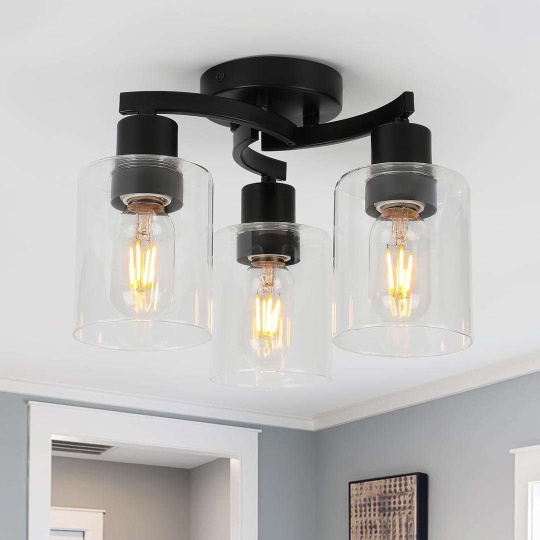 WILON Black Flush Mount Ceiling Light, Farmhouse Kitchen Lighting Fixtures Ceiling Mount, 3-Light Clear Glass Semi Flush Mount Ceiling Light Fixture for Hallway Entryway Foyer Bedroom Laundry Room