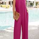 ZESICA Women's Summer Loose Jumpsuit Casual V Neck Sleeveless Oversized Wide Leg Pant Overalls Romper with Pockets | Casual Wide Leg Pant Loose Overalls, Ruffle Sleeves V Neck Long Romper, Solid Color, Beach Vacation One Piece Outfits (Pink, M)