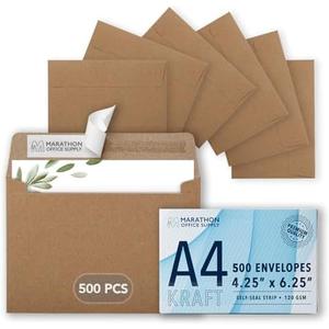 MOS A4 Kraft Envelopes 4.25 x 6.25 Inch 500 Pack — Brown Self-Seal Heavyweight Invitation Envelopes for Greeting Cards, Card Making, RSVP, Wedding Invitations, Business Mailings