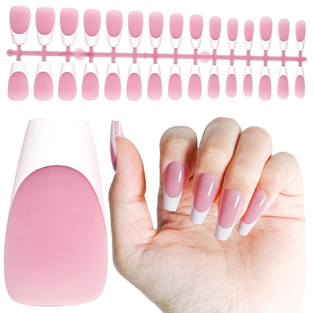 2 x JODSONE French Tip Press On Nails - 15 Sizes Pink Trapezoid French Tips,Soft Gel Nail Tips False Nails Extensions Nail Art DIY(150Pcs)