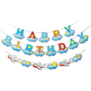 2 x Blue Happy Birthday Banner Sign Airplane Banner Birthday Party Supplies Nursery Hanging Decorations 19Pcs