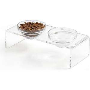 Feoyoho Elevated Acrylic Pet Bowl Stand Raised Cat & Dog Bowls with 2 Glass & 2 Stainless Steel Bowls, Modern Clear Design, Non-Slip, Easy to Clean, Perfect for Small Pets, 3.75" Tall,Small: 3.75'' Height, 13.7 oz Glass Bowl