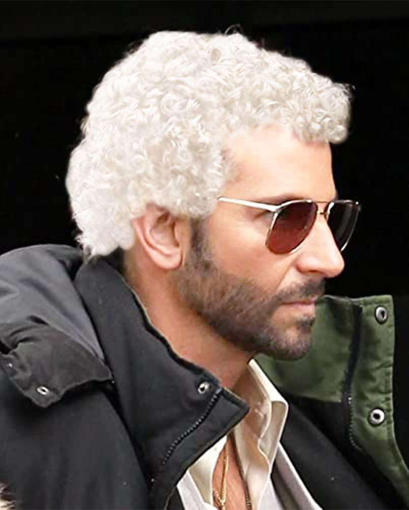 Swiking Mens Short White Afro Curly Wig for Male Guy Rocker Wig California Halloween Cosplay Costume Daily Wigs (White)