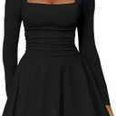Kaximil Women's Square Neck Ruffle Hem Mini Dress Ruched Waist Long Sleeve Corset Short Party Dresses, Medium