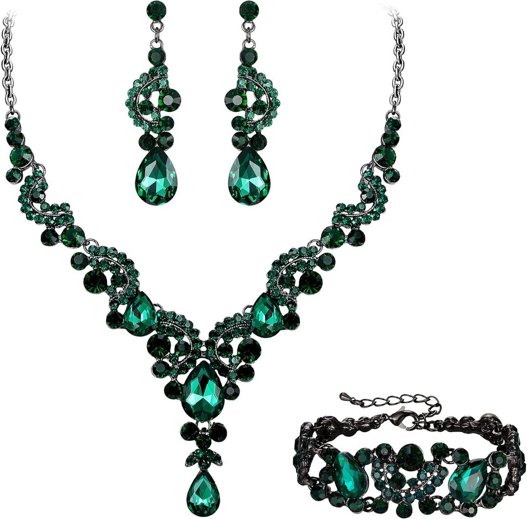 EVER FAITH Rhinestone Crystal Bridal Art Deco Floral Wave Teardrop Necklace Earrings Bracelet Jewelry Set (Green Black-Tone)