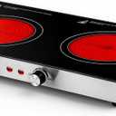 OVENTE Infrared Ceramic Double Burner, 1800W Electric Countertop Hot Plate with Black Crystalline Glass, Portable Stainless Steel Cooktop for Home, Office, or Dorm Use, Black BGI302GB