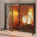 Kingson 2-Panel Fireplace Screen with Doors Handcrafted Wrought Iron Decorative Mesh, Symmetric Scroll Fire Spark Guard-Black