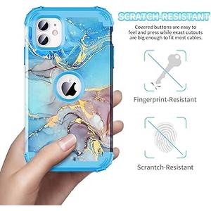 for iPhone 12 Case,Marble Design Three Layer Heavy Duty Shockproof Hybrid Hard Plastic Bumper Soft Silicone Rubber Drop Protective Cover Case for iPhone 12 6.1",Blue
