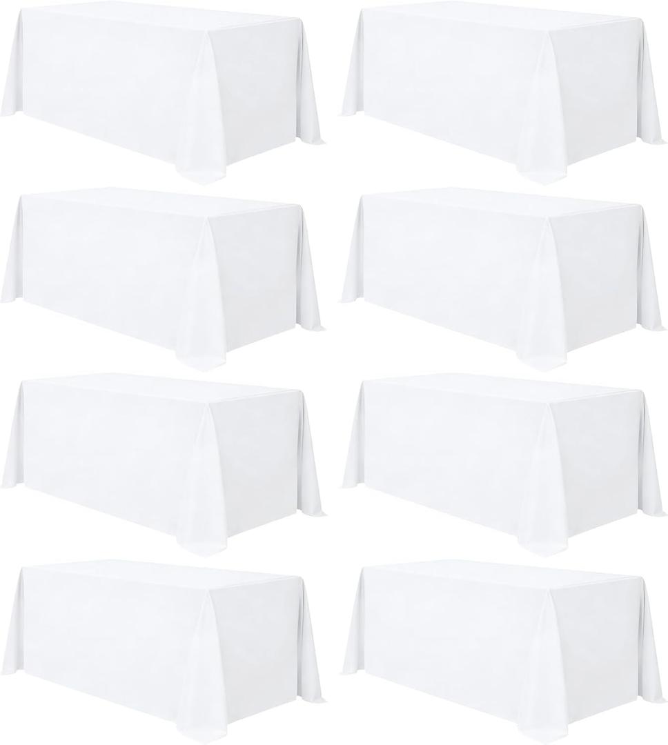 8 Pack White Table Cloth 90 x 132 Inch Rectangular Tablecloths for 6 Foot Rectangle Tables, Wrinkle Resistant White Tablecloth Washable Polyester Fabric Table Covers for Party Wedding Banquet