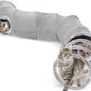 S-2-Way Cat Tunnel for Indoor Cats - 59x10Inches,Collapsible Play Tunnel, Interactive Toy with 2 Hidden-Exits&Hanging Balls, Cat Spiral Tunnel for Cats, Puppy, Kitty, Kitten, Rabbit (Gray)