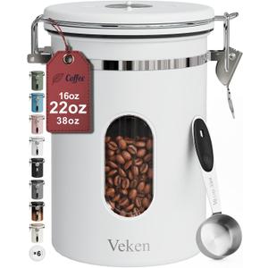 Veken Coffee Canister with Window, Airtight Stainless Steel Kitchen Food Storage Container with Lids, Date Tracker and Scoop for Grounds Coffee, Beans, Tea, Flour, Cereal, Sugar Jars, 22OZ, White