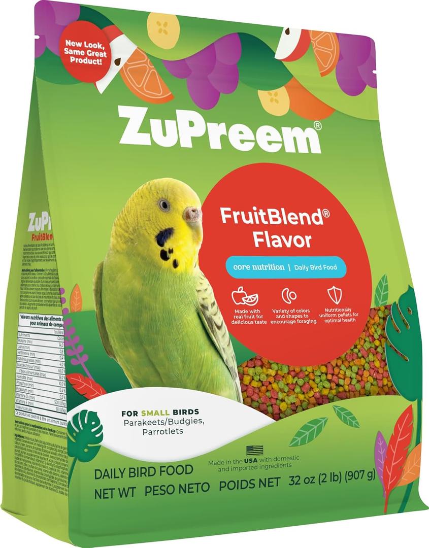 ZuPreem FruitBlend Bird Pellets, Daily Bird Food for Parakeet, Budgie, Parrotlet, Dove, Core Nutrition for Small Birds, Made in USA, Parakeet & Budgie Food (S, 2 lbs) (2 Pound (Pack of 1))