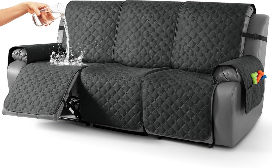 TAOCOCO 100% Waterproof Recliner Covers, Recliner Sofa Covers with Leg Straps, Reversible Recliner Couch Cover for Reclining Chair, Washable Couch Protector for Pets Kids(3 Seater, Charcoal Gray)