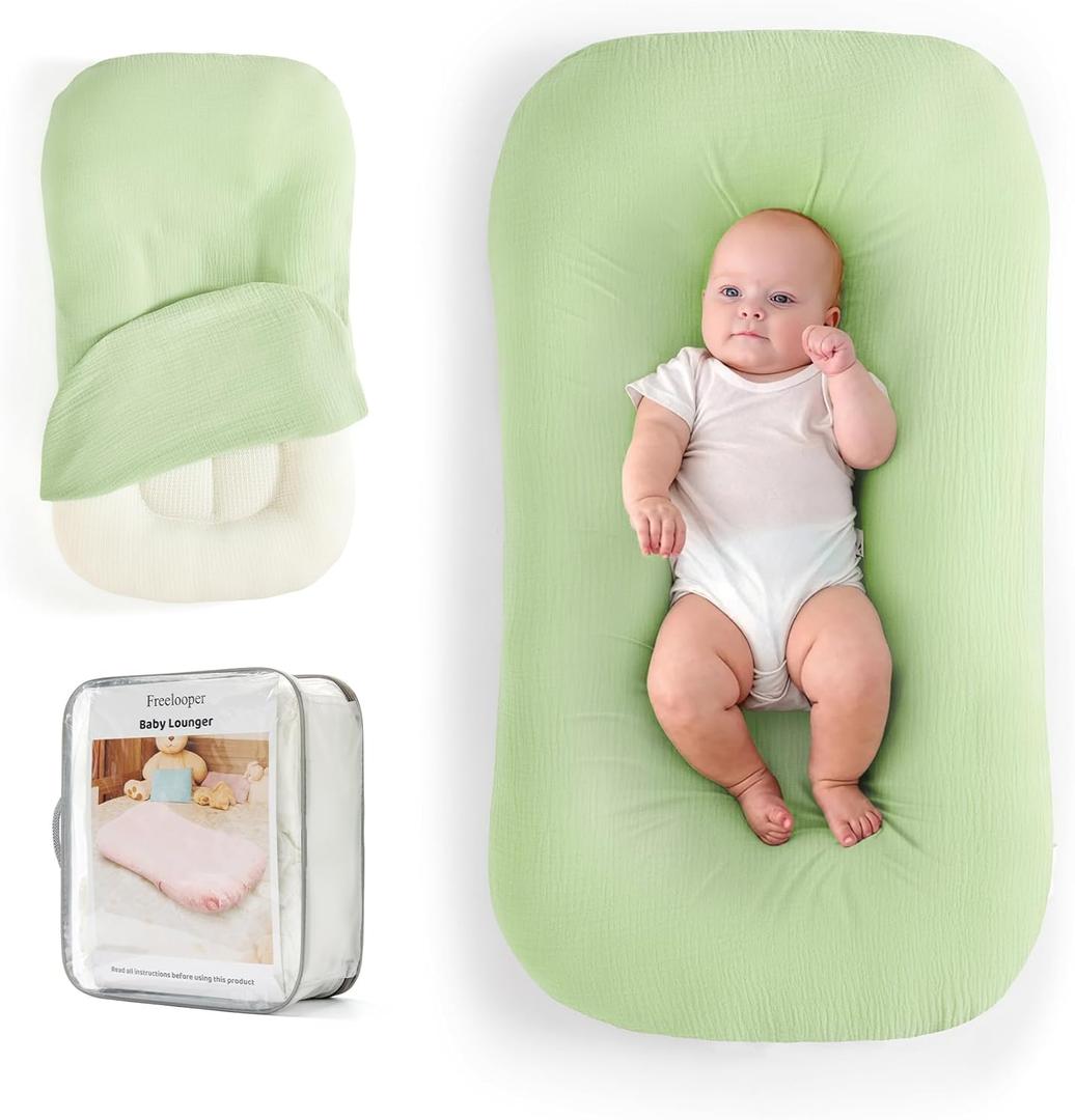Baby Lounger, Suitable for Newborns 0-24 Months, Infant Lounger for Home and Travel, Soft Cotton and Breathable, Nest Lounger, Newborn Babies Essentials Gifts, Lovely Green