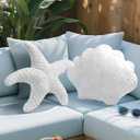 AELS Coastal Throw Pillows Set of 2, Starfish Shell Pillows, Beach Ocean Nautical Themed Smooth Soft Minky Decorative Throw Pillows, Cute Pillow for Couch Sofa Bed Living Room Bedroom Nursery, White