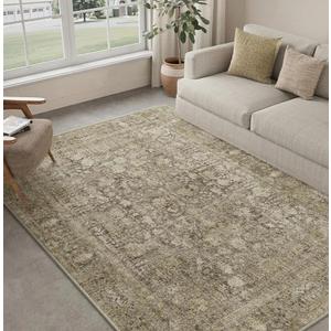 Brown Area Rug 6x9 Machine Washable Vintage Living Room Distressed Non Slip Carpet Traditional Indoor Bedroom Retro Floral Accent Throw Large Rug for Office Kitchen Dining Room