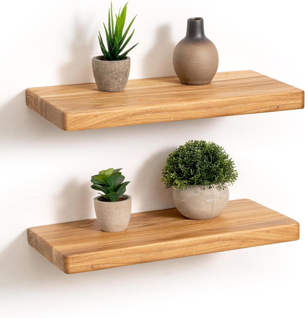 Fun Memories Rustic Solid Elm Wood Floating Shelves, 16" W x 8" D Floating Shelf Wall Mounted, 8 Inch Deep Wall Shelves, Wooden Bathroom Shelf for Home, Deep Bookshelf for Living Room, Set of 2