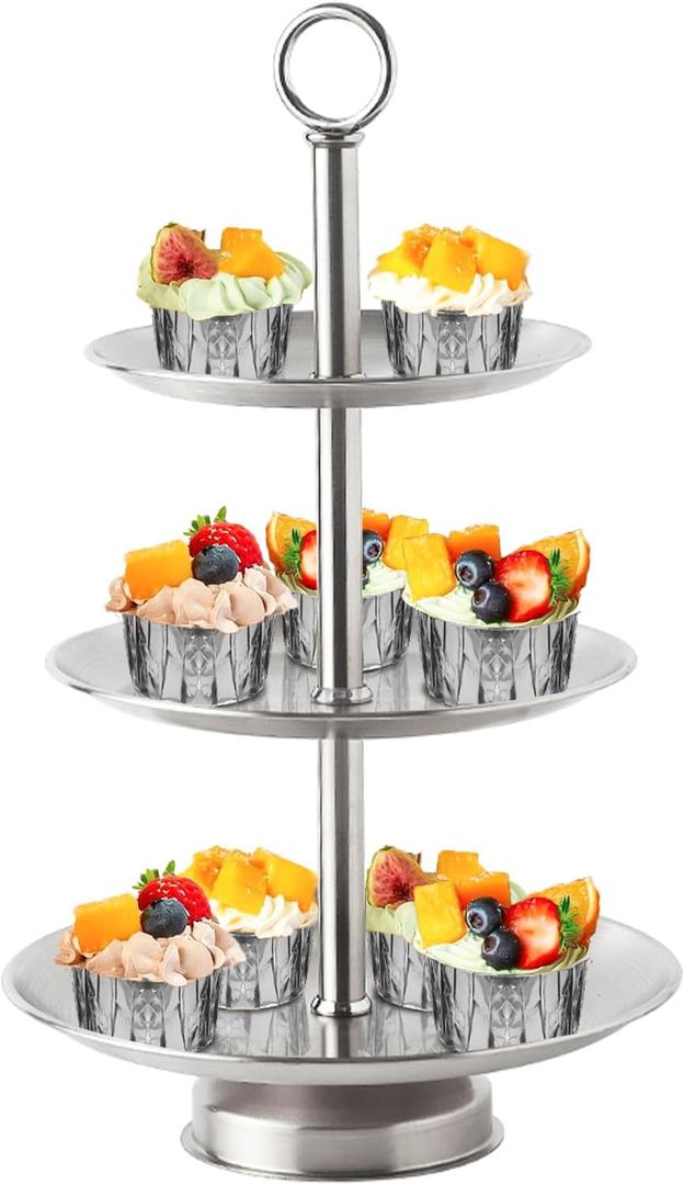 3 Tier Silver Metal Cupcake Stand Holder,Stainless Steel Cup Cake Stand Tower with Tiered Serving Tray and Base for Parties,Weddings,Birthdays and Any Festivals and Celebrations(with Base)