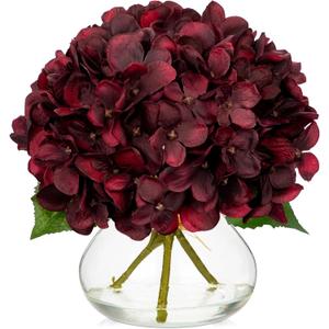Hollyone Dark Red Fall Hydrangea Artificial Flowers for Decoration in Glass Vase Autumn Silk Faux Flower Arrangements with Faux Water Table Centerpiece Vase with Fake Flowers Fall Decorations for Home