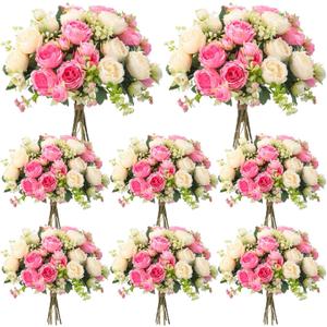 Geosar 8 Bundles Artificial Peonies Flowers Fake Silk Peony Bouquet Faux Peonies Flowers Bulk for Decoration Vase Floral Arrangements Wedding Party Table (Pink,Champagne)
