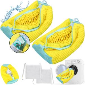 2 Pcs Shoe Washing Machine Bags, XXL Laundry Shoe Bags for Washer and Dryer, Sturdy Zipper with Hook Design, Dry Net Bag Included, Reusable Shoe Washing Bag for Sneaker, Tennis, Yellow 2 Packs