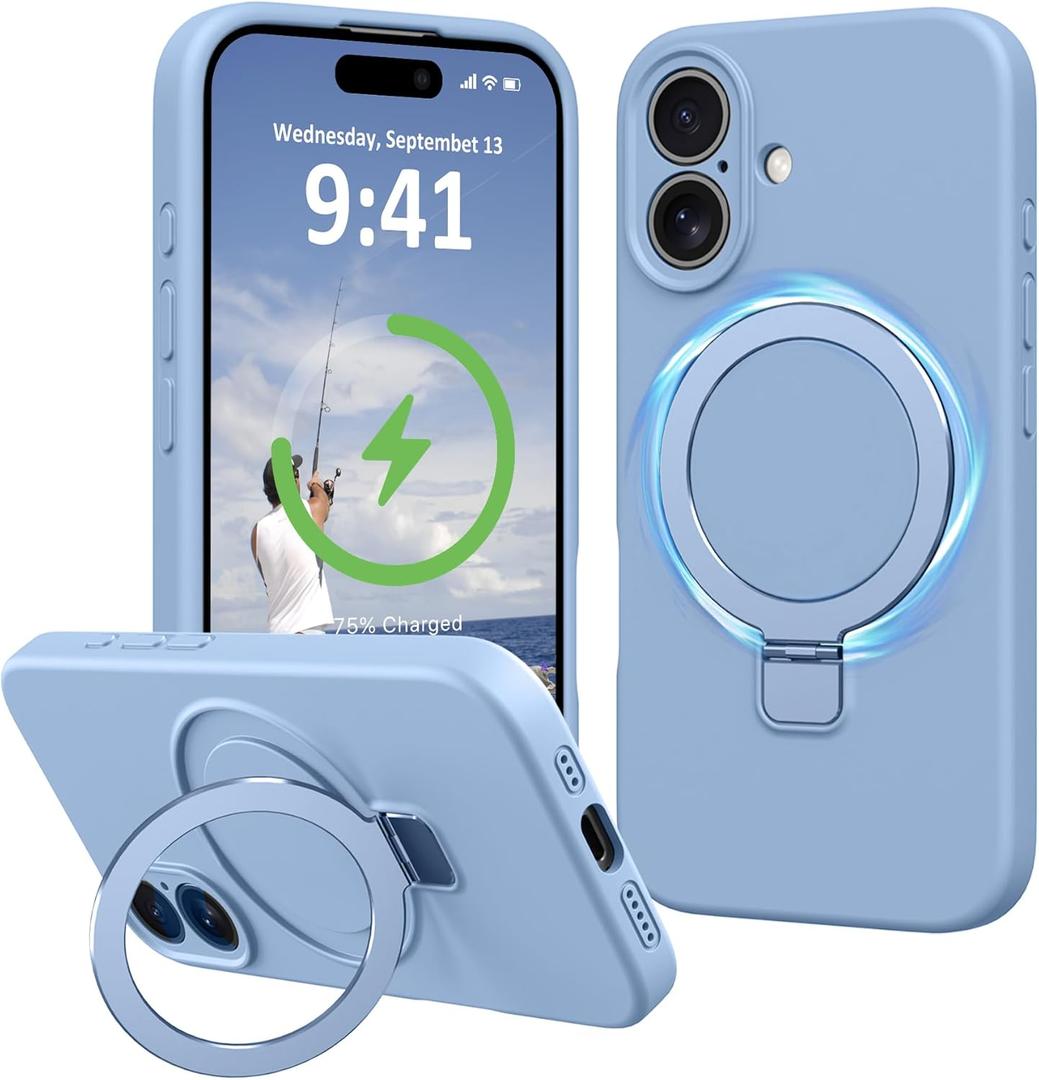 Compatible with iPhone 16 Case Stand, Slim Comfortable Liquid Silicone Phone Cases Fit for iPhone 16 Compatible with MagSafe Magnetic Ring Kickstand Stand Case Full Camera Protection, Blue
