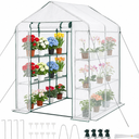 VEVOR Walk-in Greenhouse, 4.6x4.6x6.6 ft Greenhouse for Outdoors with PE Cover, 2 Tiers 8 Shelves, Roll-Up Zipper Door, Walk in Green House, Portable Plant Garden Hot House for Backyard Outside