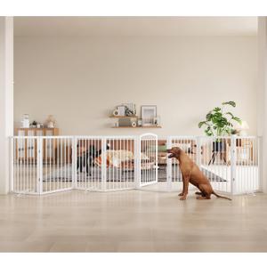 JSB 192-inch Extra Wide 30-inch Tall Dog gate with Door Walk Through,Full Matel Freestanding Round Tube Pet Gate for Halls Stairs, Puppy Safety Dog Fence with 4PCS Support Feet (White)