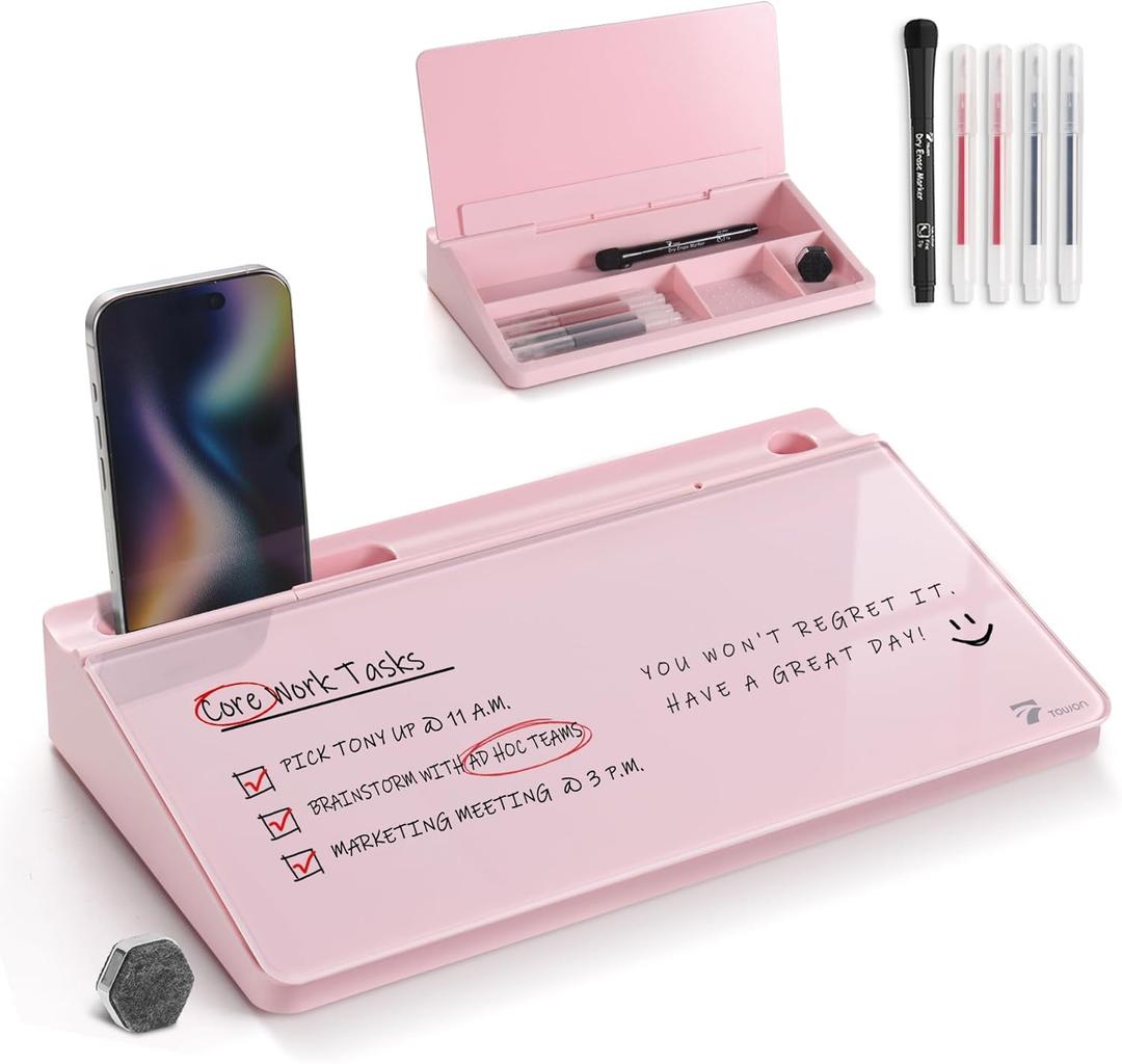 TOWON Small Compact Glass Desktop Whiteboard with Storage  12 x 7 in Dry Erase Board for Desk, Home Office, School | Includes 5 Markers, Eraser & Holder | Space-Saving Organizer, Aesthetic Pink