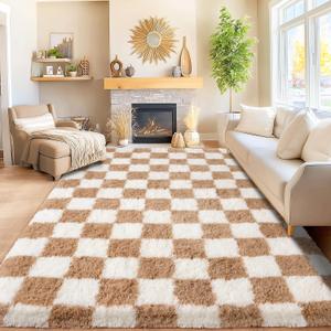 Area Rugs for Living Room 8x10, Cream & Camel Ultra Fluffy Checkered Rug